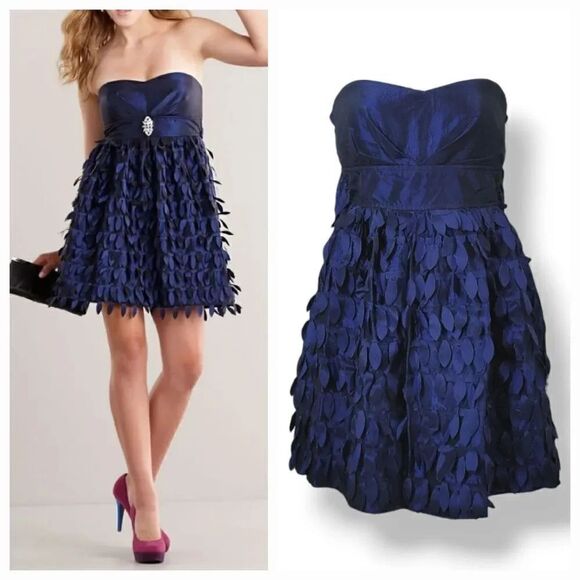 My Michelle Layered Navy Taffeta Feathered Strapless Formal Cocktail Prom Dress - Picture 1 of 10